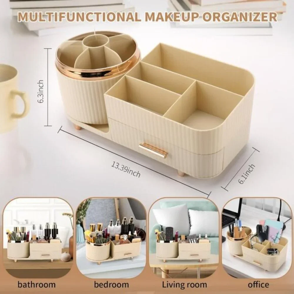 New 360° Rotating Makeup Organizer, Large Rice White Vanity Storage with Drawers